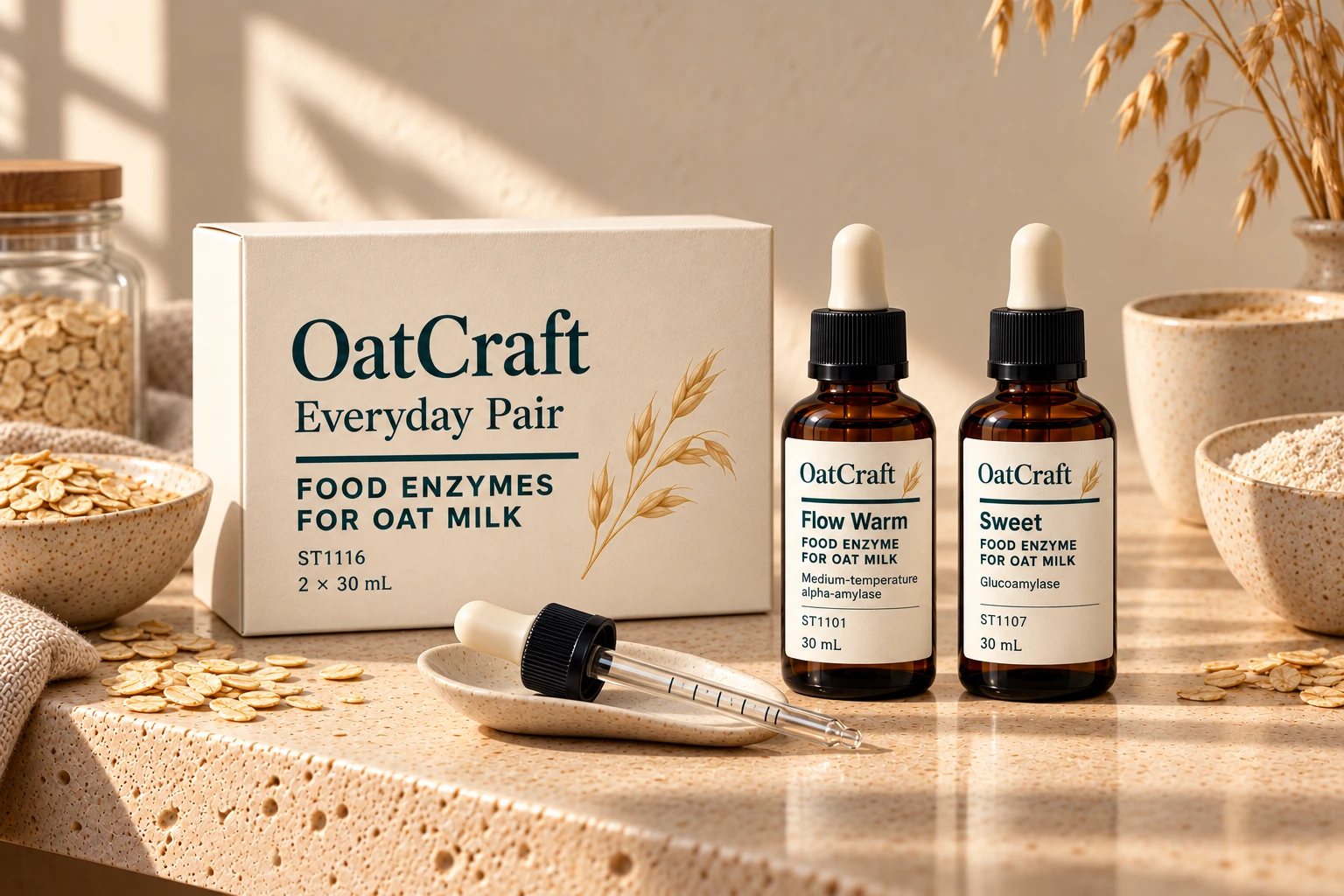 OatCraft amber dropper bottles with cream labels