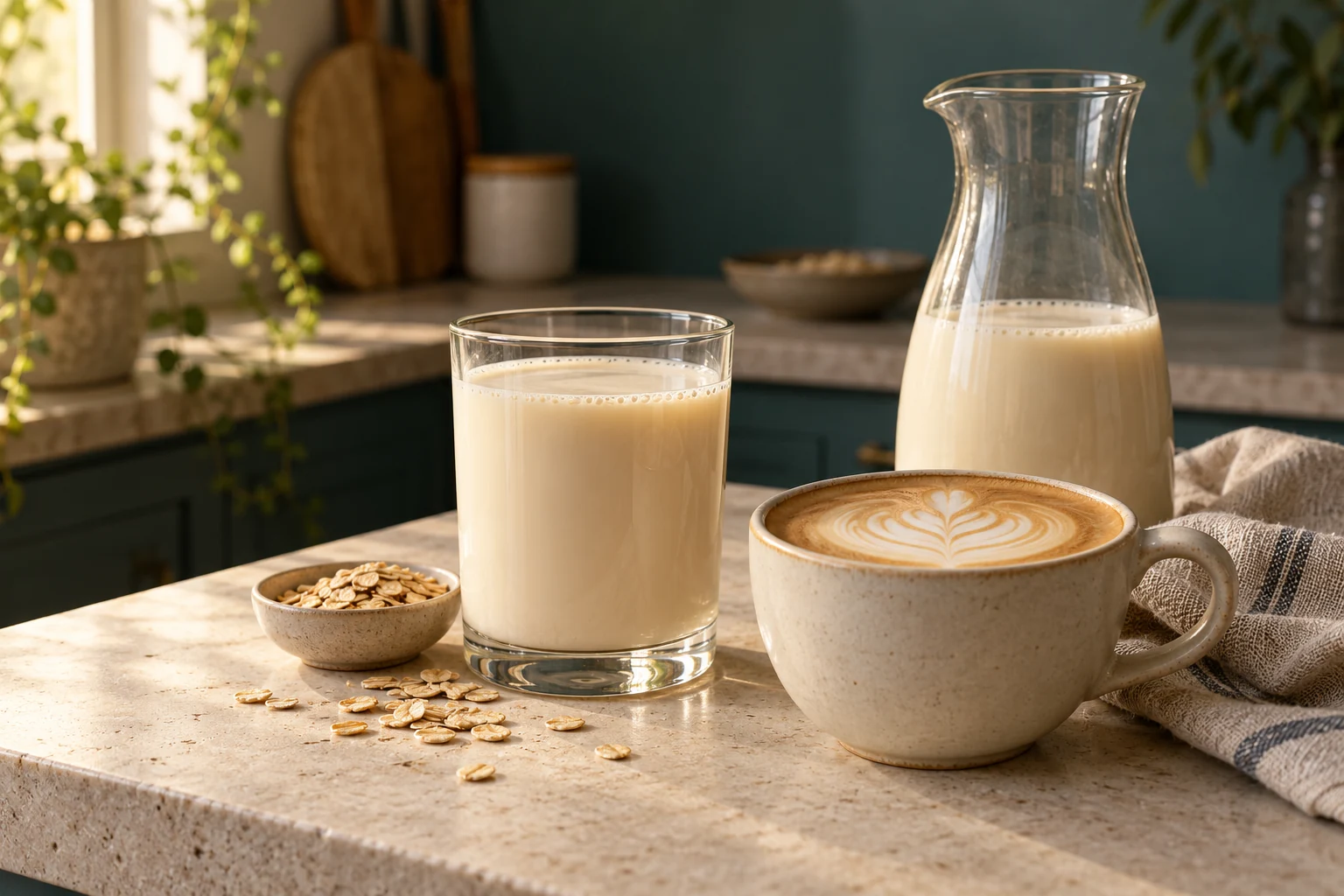 A glass of oat drink, a carafe and a ceramic cup with latte art in a warm home kitchen